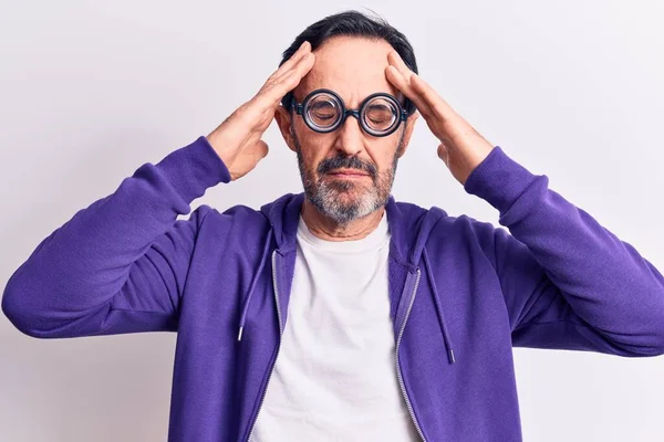 Middle Age Handsome Freaky Man Wearing Dumb Glasses Isolated White — Stockfoto