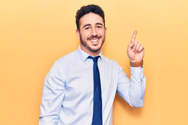 Young Hispanic Man Wearing Business Clothes Smiling Idea Question Pointing — Stock Photo, Image