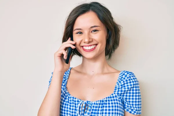 Young Beautiful Girl Having Conversation Talking Smartphone Looking Positive Happy — Stock Photo, Image