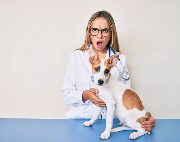 Jovem Bela Veterinária Loira Mulher Verificando Saúde Cão Face Choque — Fotografia de Stock