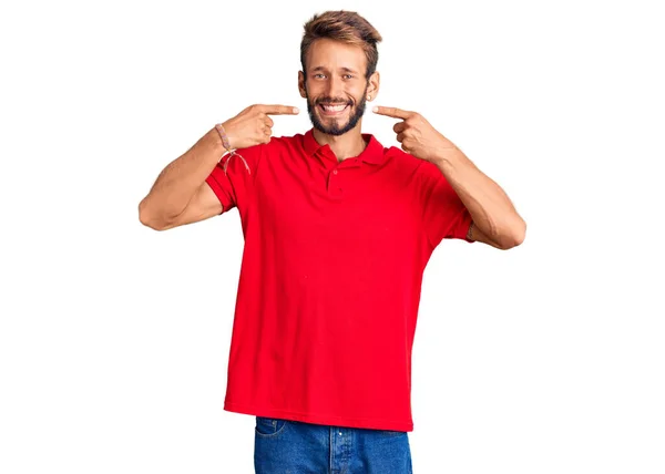 Handsome Blond Man Beard Wearing Casual Clothes Smiling Cheerful Showing — Stock Photo, Image