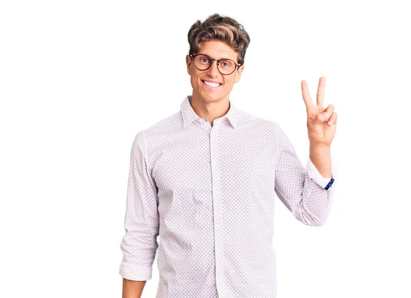 Joven Hombre Guapo Con Ropa Negocios Gafas Que Muestran Señalan — Foto de Stock