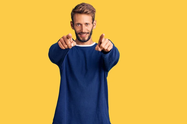 Handsome Blond Man Beard Wearing Casual Sweater Pointing You Camera — Stock Photo, Image