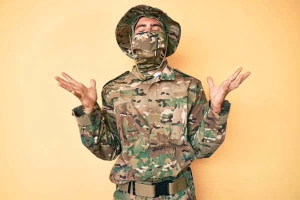 Young Handsome Man Wearing Camouflage Army Uniform Balaclava Celebrating Mad — Stock Photo, Image