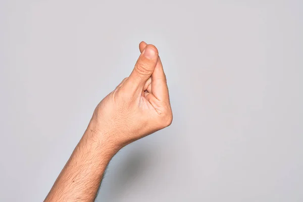 Mano Joven Caucásico Mostrando Dedos Sobre Fondo Blanco Aislado Sosteniendo —  Fotos de Stock