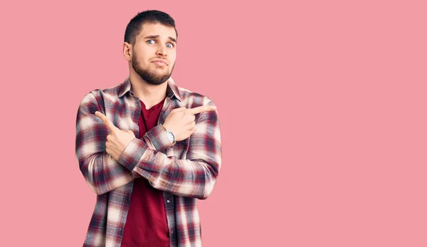 Young Handsome Man Wearing Casual Shirt Pointing Both Sides Fingers — Stock Photo, Image