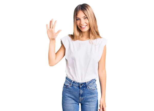 Beautiful Caucasian Woman Blonde Hair Wearing Casual White Tshirt Showing — Stock Photo, Image