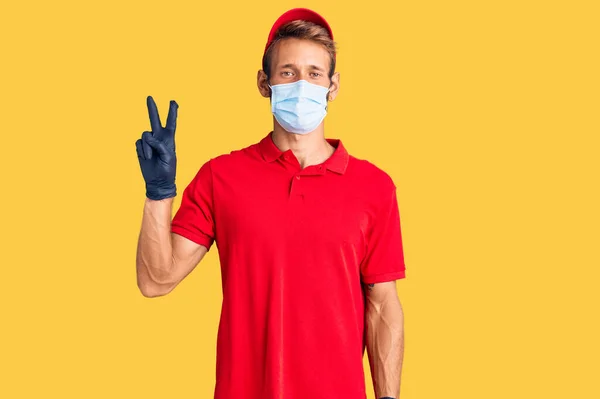 Handsome Blond Man Beard Wearing Delivery Uniform Medical Mask Smiling — Stock Photo, Image