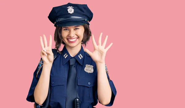 Young Beautiful Girl Wearing Police Uniform Showing Pointing Fingers Number — Stock Photo, Image