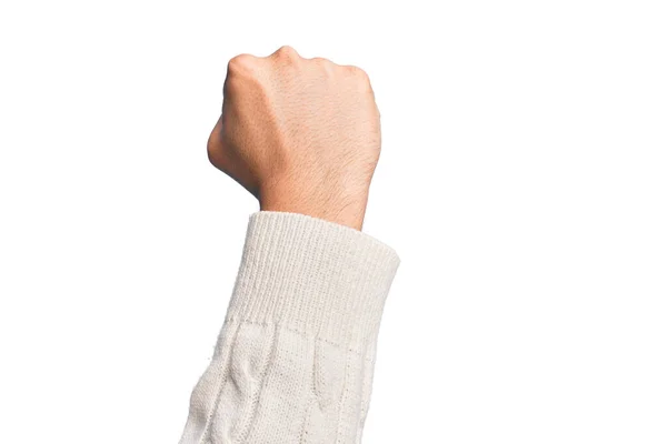 抗議と革命のジェスチャー 力と力を表現する拳を行う孤立した白い背景の上に指を示す白人の若者の手 — ストック写真
