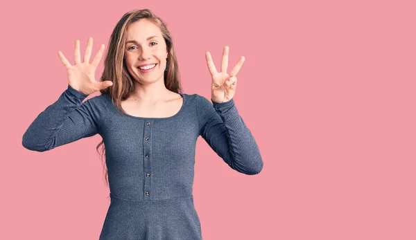 Young Beautiful Blonde Woman Wearing Casual Dress Showing Pointing Fingers — Stock Photo, Image