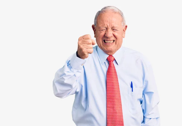 Senior Handsome Grey Haired Man Wearing Elegant Tie Shirt Angry — Stock Photo, Image