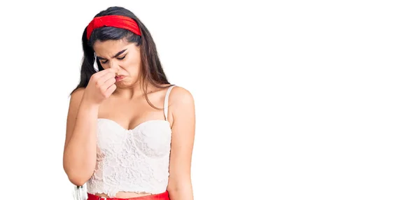 Brunette Teenager Girl Wearing Elegant Look Smelling Something Stinky Disgusting — Stock Photo, Image