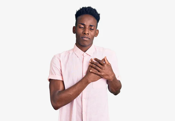 Young African American Man Wearing Casual Clothes Smiling Hands Chest — Stock Photo, Image