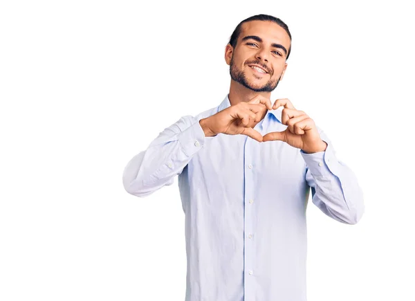 Joven Hombre Guapo Con Ropa Negocios Sonriendo Amor Haciendo Símbolo —  Fotos de Stock