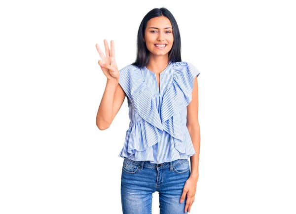 Young Beautiful Latin Girl Wearing Casual Clothes Showing Pointing Fingers — Stock Photo, Image