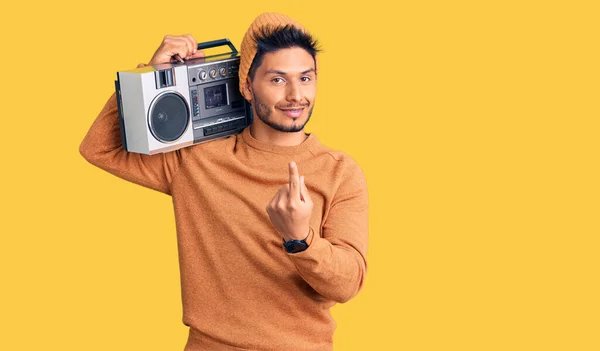 Handsome Latin American Young Man Holding Boombox Listening Music Beckoning — Stock Photo, Image