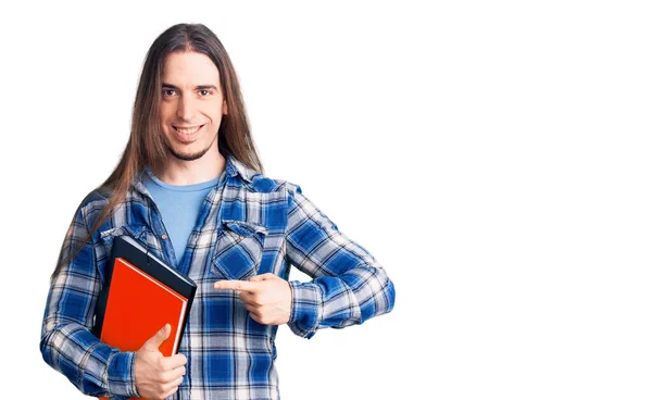 Homem Adulto Jovem Com Cabelos Longos Segurando Livro Colagem Sorrindo — Fotografia de Stock