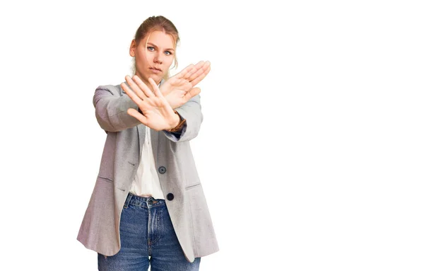 Young Beautiful Blonde Woman Wearing Elegant Jacket Rejection Expression Crossing — Stock Photo, Image