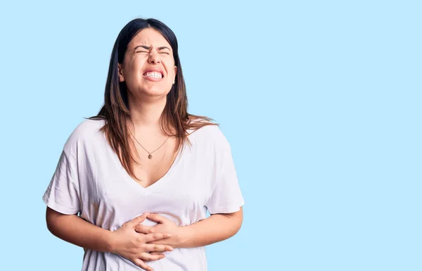 Young Beautiful Brunette Woman Wearing Casual Shirt Hand Stomach Because — Stock Photo, Image