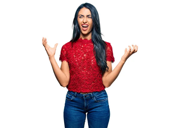 Beautiful Hispanic Woman Wearing Elegant Shirt Crazy Mad Shouting Yelling — Stock Photo, Image