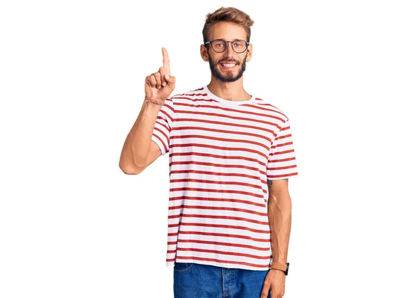 Handsome Blond Man Beard Wearing Casual Clothes Glasses Showing Pointing — Stock Photo, Image