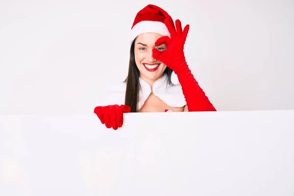 Junge Frau Weihnachtsmann Kostüm Hält Leeres Banner Der Hand Und — Stockfoto