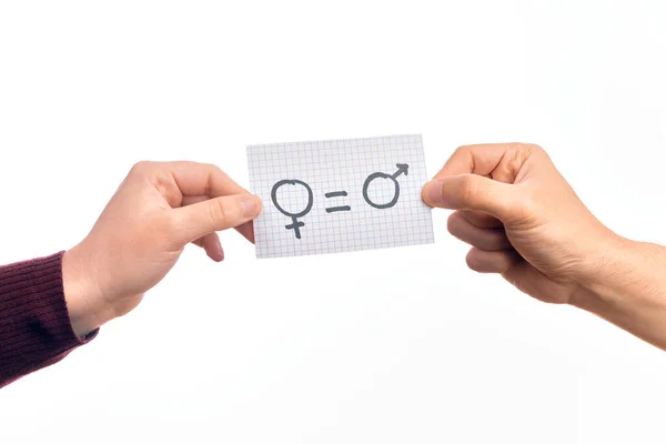 Banner Papelão Com Símbolo Feminino Masculino Mulheres Homens São Mensagem — Fotografia de Stock