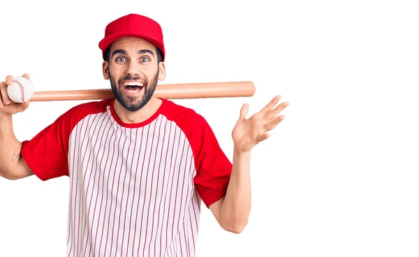 Young Handsome Man Beard Playing Baseball Holding Bat Ball Celebrating — Stock Photo, Image