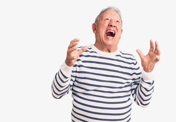 Senior Handsome Grey Haired Man Wearing Casual Striped Sweater Crazy — Stock Photo, Image