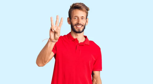 Handsome Blond Man Beard Wearing Casual Clothes Showing Pointing Fingers — Stock Photo, Image