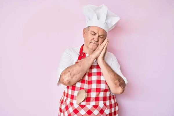 Senior Grey Haired Man Wearing Professional Baker Apron Sleeping Tired — Stock Photo, Image