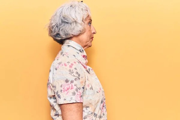 Senior Mujer Pelo Gris Con Ropa Casual Mirando Lado Pose —  Fotos de Stock
