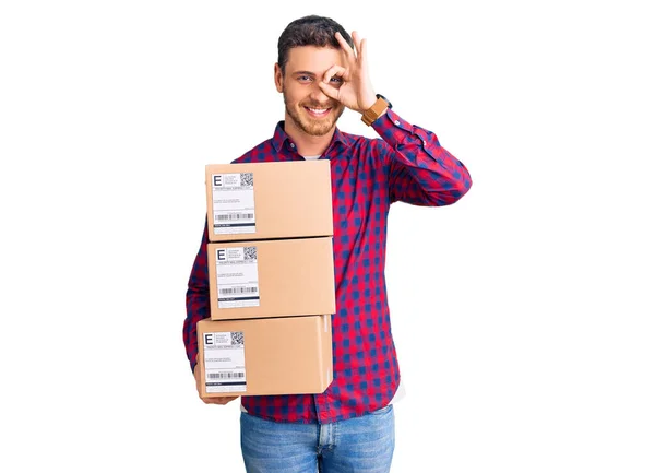 Handsome Young Man Bear Holding Delivery Packages Smiling Happy Doing — Stock Photo, Image