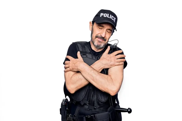 Middle Age Policeman Wearing Police Uniform Bulletproof Vest White Background — Stock Photo, Image