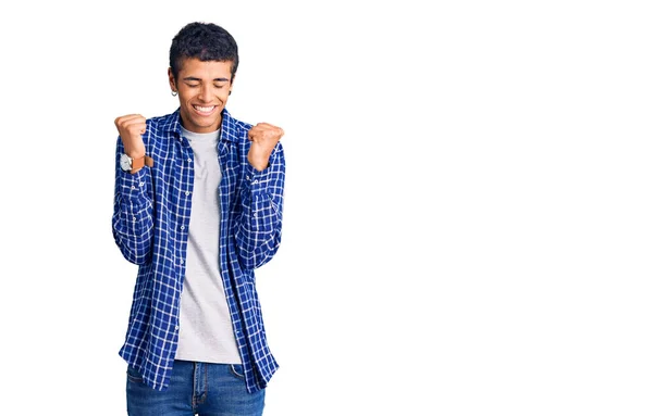 Young African Amercian Man Wearing Casual Clothes Excited Success Arms — Stock Photo, Image