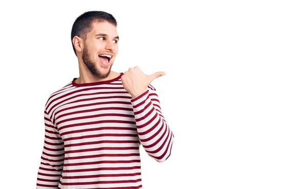 Young Handsome Man Wearing Striped Sweater Smiling Happy Face Looking — Stock Photo, Image