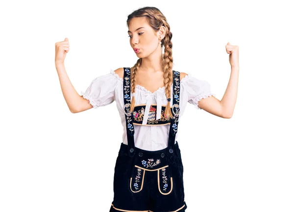 Beautiful Caucasian Woman Blonde Hair Wearing Octoberfest Traditional Clothes Showing — Stock Photo, Image