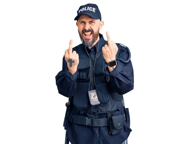 Jeune Bel Homme Portant Uniforme Police Montrant Majeur Faisant Baiser — Photo