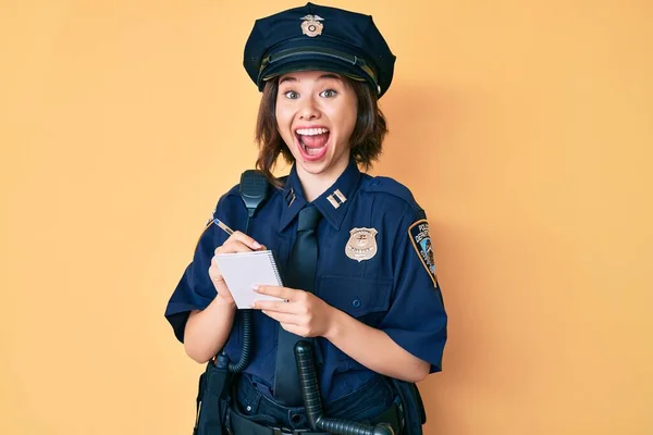 Young Beautiful Girl Wearing Police Uniform Writing Traffic Fine Celebrating — Stock Photo, Image
