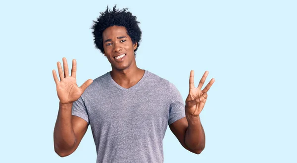 Handsome African American Man Afro Hair Wearing Casual Clothes Showing — Stock Photo, Image