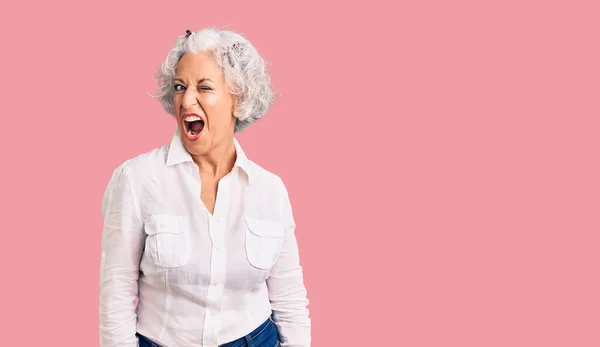 Senior Grey Haired Woman Wearing Casual Clothes Winking Looking Camera — Stock Photo, Image