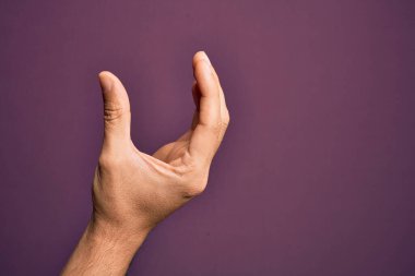 İzole edilmiş mor arka plan üzerinde parmaklarını gösteren beyaz bir adamın eli. Görünmez bir şeyi alıyor, parmakları boşluğu gösteren bir nesneyi tutuyor.
