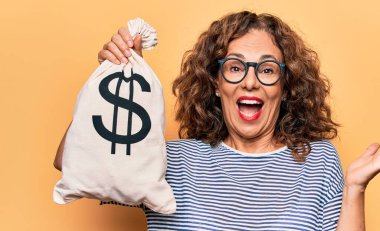 Sarı arka planda dolar sembolü olan bir çanta taşıyan orta yaşlı güzel bir kadın başarıyı mutlu bir gülümsemeyle ve kazanan yüz ifadesini kaldırarak kutluyor.