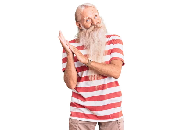 Old Senior Man Grey Hair Long Beard Wearing Striped Tshirt — Stock Photo, Image