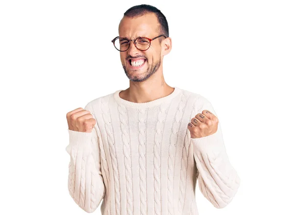 Young Handsome Man Wearing Casual Clothes Glasses Excited Success Arms — Stock Photo, Image