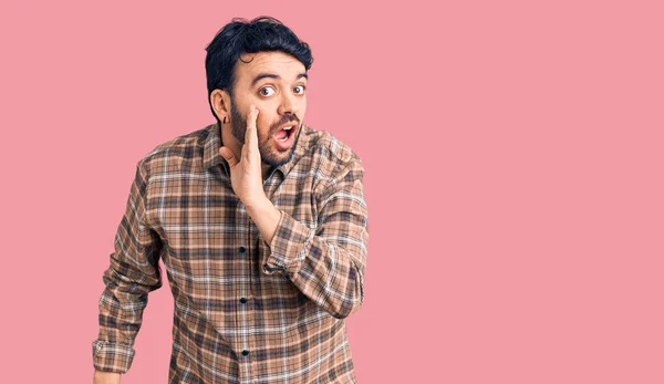 Young Hispanic Man Wearing Casual Clothes Hand Mouth Telling Secret — Stock Photo, Image