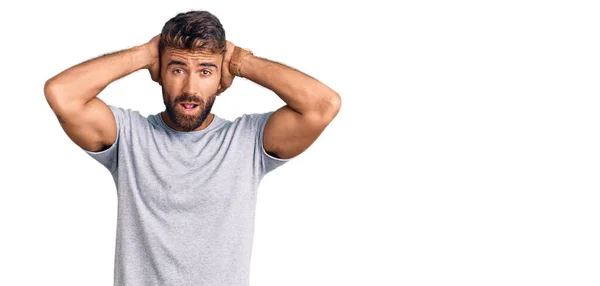 Young Hispanic Man Wearing Casual Clothes Crazy Scared Hands Head — Stock Photo, Image