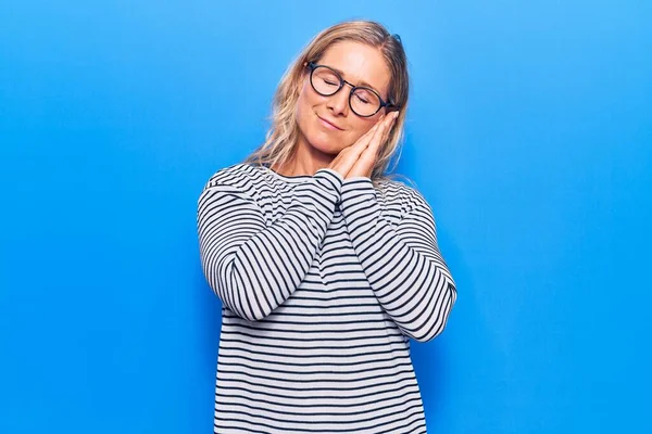 Middle Age Caucasian Blonde Woman Wearing Casual Striped Sweater Glasses — Stock Photo, Image