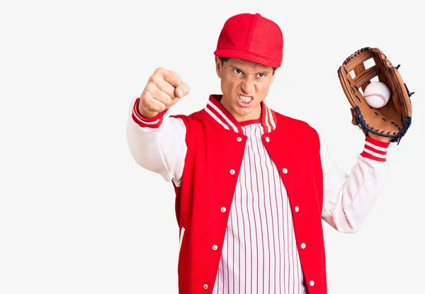 Junger Gutaussehender Mann Baseball Uniform Golfe Und Ball Der Hand — Stockfoto